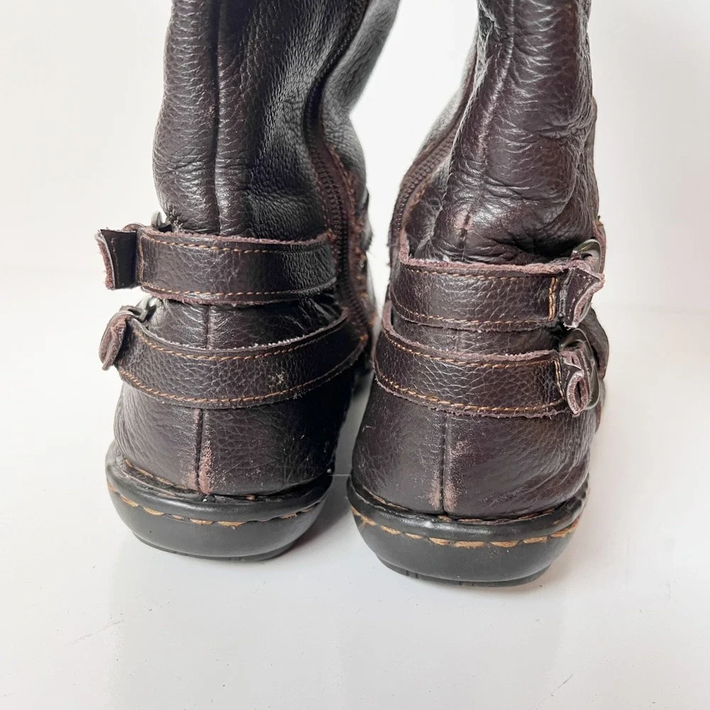 Vintage Y2K Brown Leather Knee High Buckle Boots Tall Riding‎ Moto Biker Boho 8